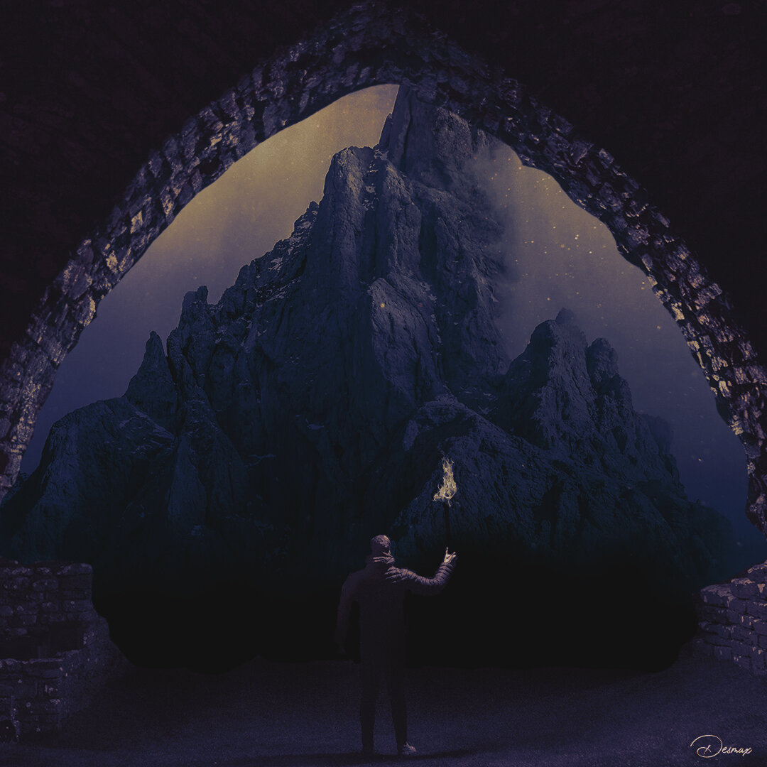 Man with a torch looking at a secret opening from a cave